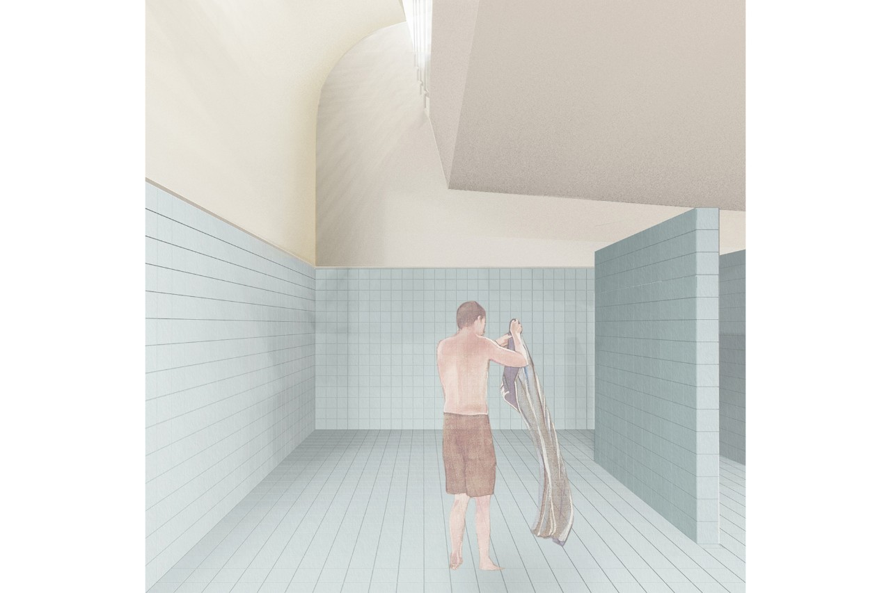 Visualisierung Garderobengebäude Juchhof Siegerprojekt EQUIPE ‒ Blick in die Dusche (Visualisierung: Angie Müller-Puch, Johannes Müntinga, Stefan Behnisch)